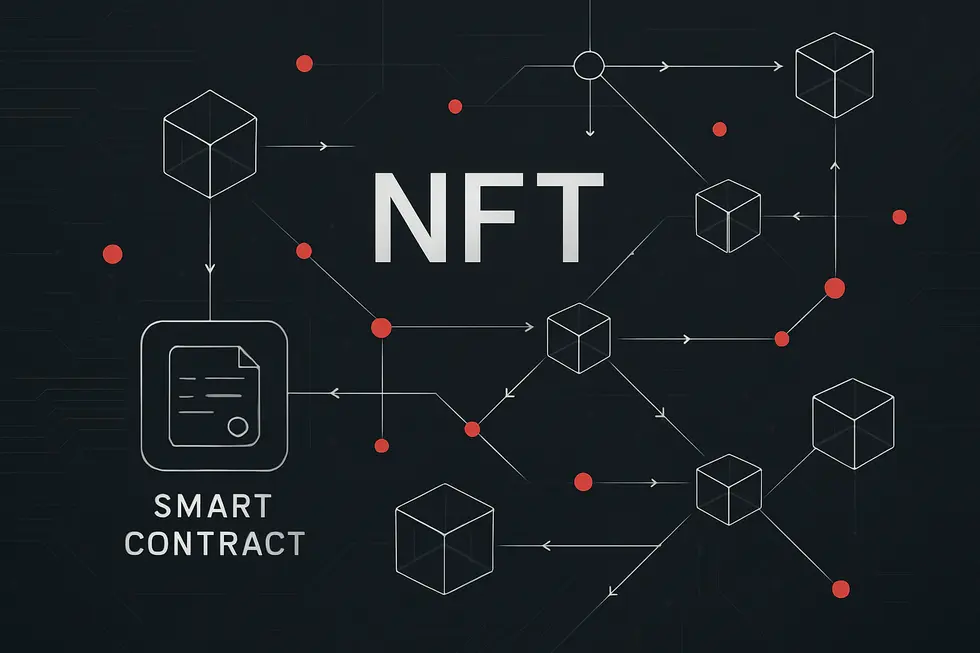 NFTの特徴を象徴するデジタルアートとブロックチェーンのイメージ。