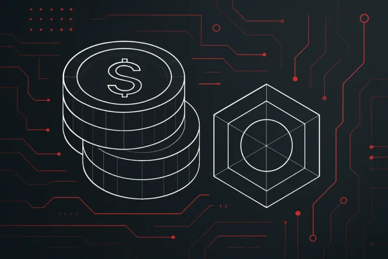 コインとトークンのワイヤーフレームが強調された仮想通貨の核心イメージ