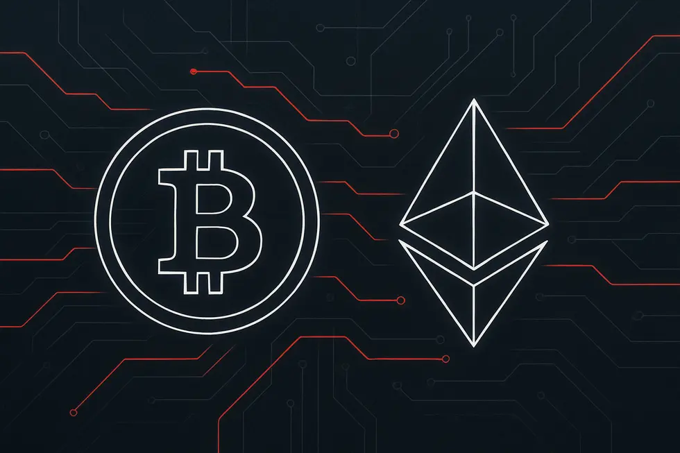 ビットコインとイーサリアムを象徴するワイヤーフレームアイコン