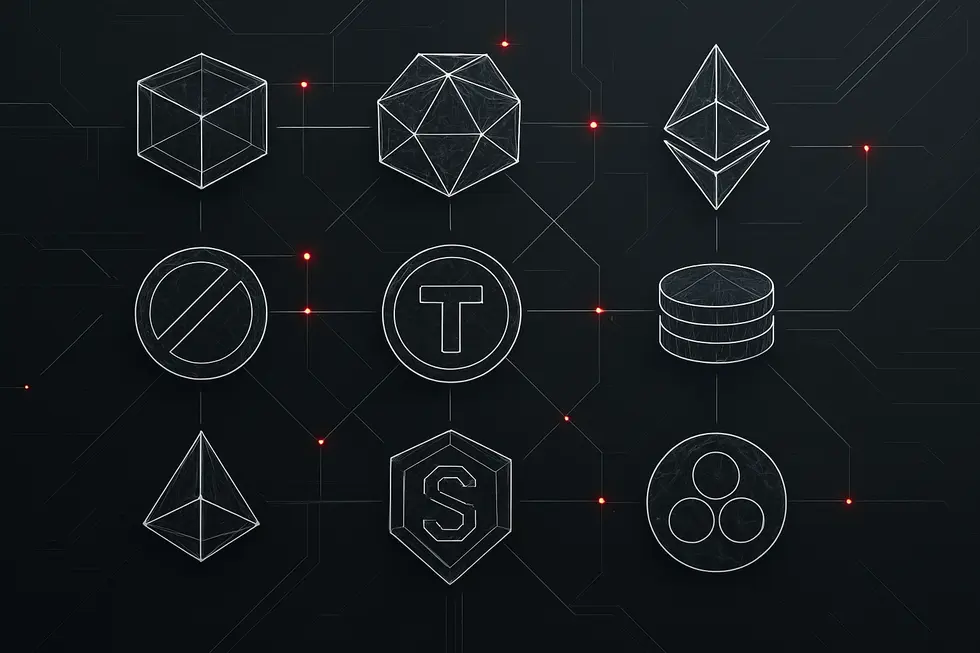 ビットコインとイーサリアムを象徴するワイヤーフレームアイコン