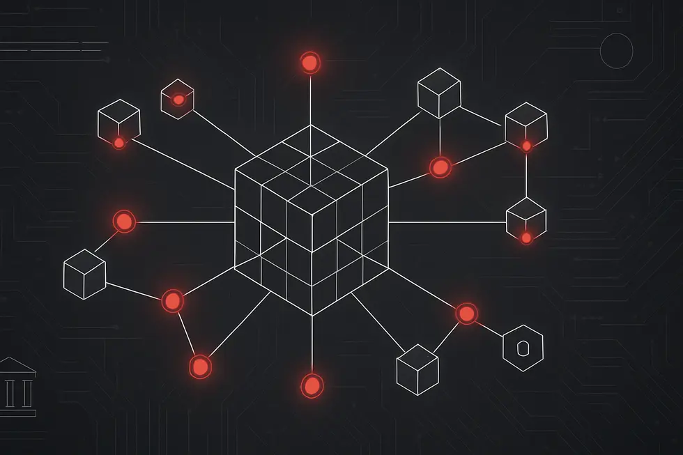 DeFiのネットワーク構造を暗示する近未来的ワイヤーフレーム図