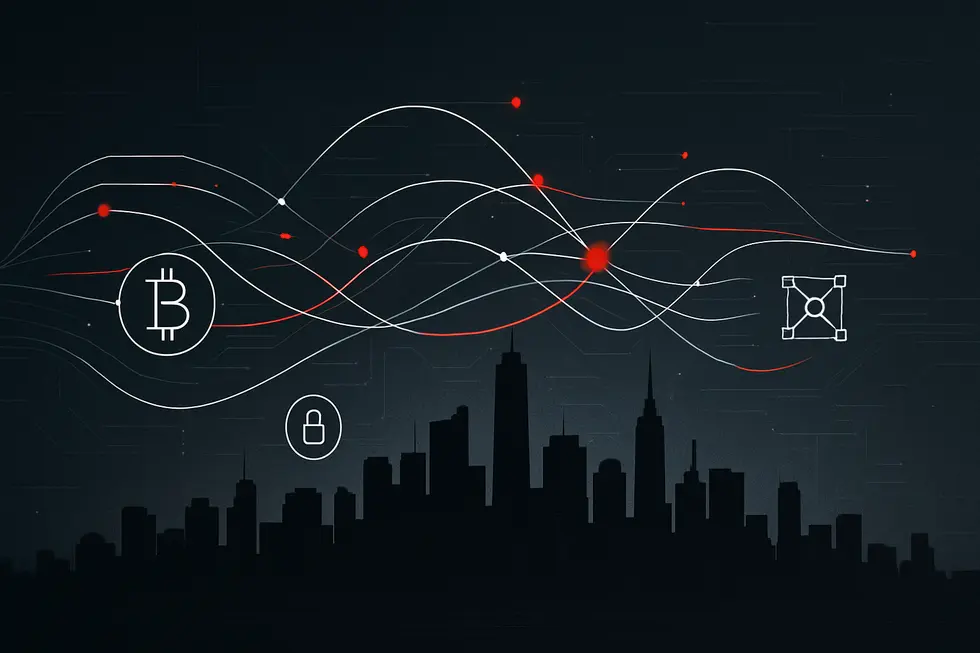 DeFiのネットワーク構造を暗示する近未来的ワイヤーフレーム図