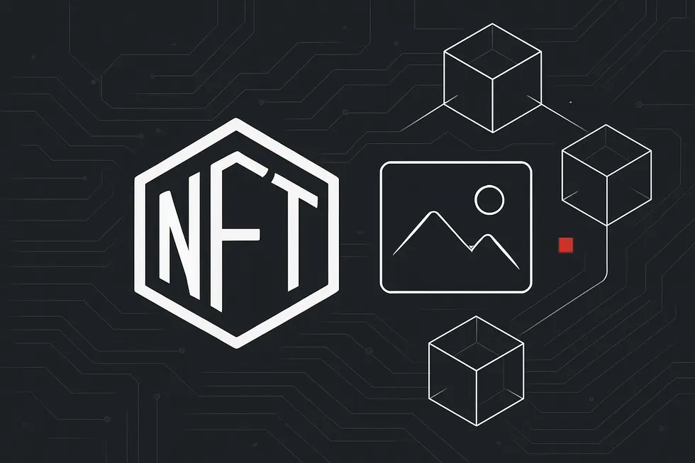 NFTの特徴を象徴するデジタルアートとブロックチェーンのイメージ。