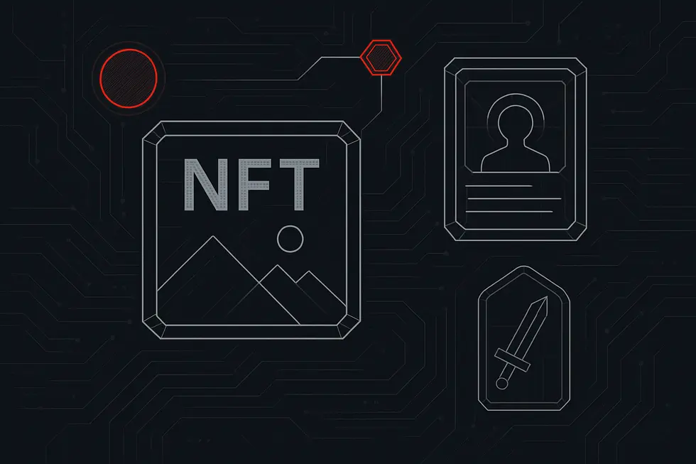 NFTの特徴を象徴するデジタルアートとブロックチェーンのイメージ。