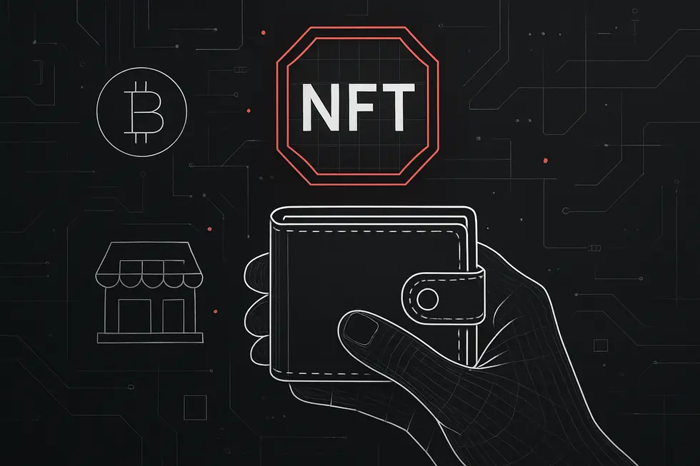 NFTの特徴を象徴するデジタルアートとブロックチェーンのイメージ。